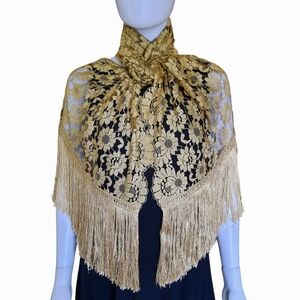 Vintage Chantilly Lace Shawl w/Fringe Oblong 79"x20" Golden Yellow
